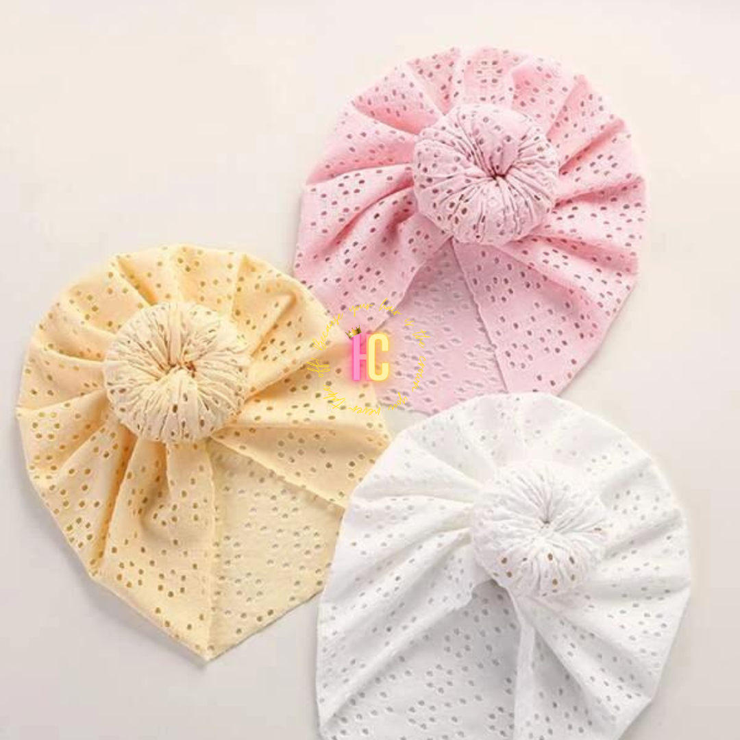 100% Polyester Eyelet Fabric Turbans for Baby 0-3 months.